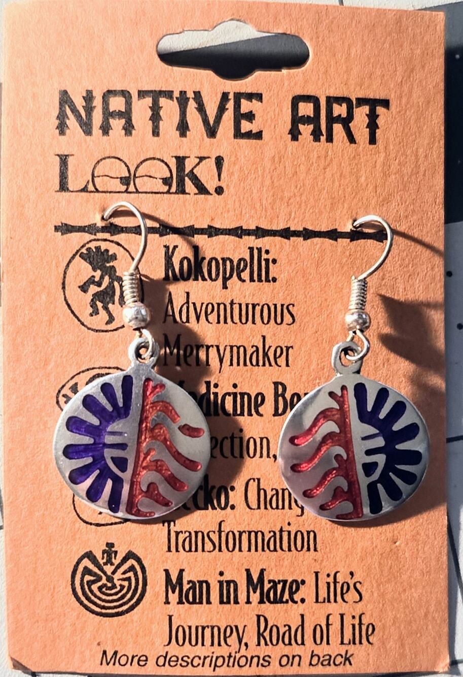 Eclipse Silver Tone Red Blue Earrings Balance Harmony Native Art Look NEW